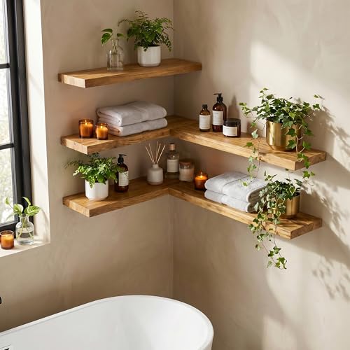 Dreamland 18 Inch Long Floating Shelves Set of 2, Rustic Solid Elm Wood Floating Shelf Wall Mounted, 8 Inch Deep Wall Shelves with Invisible Bracket for Living Room Bathroom Bedroom Kitchen, Natural - color: Natural, size: Flat Edge - 18"L