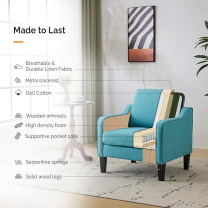VINGLI Accent Chairs for Living Room Mid Century Modern Chair Sofa Chair Upholstered Arm Chair with Scooped Arms for Bedroom, Apartment, Office, Studio, Waiting Room, Play Room - color: Teal Blue