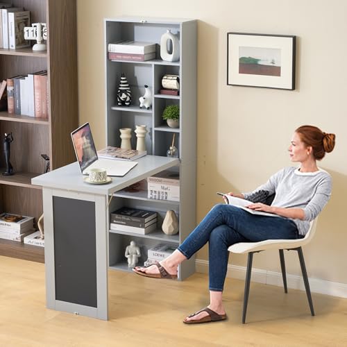 Folding Desk with Storage,Fold Out Convertible Wall Mounted Table,Grey | Space-Saving,Foldable Desk with Blackboard and Shelves, Multi-Function Desk Cabinet , Murphy Desk Home Office Workstation - color: Grey