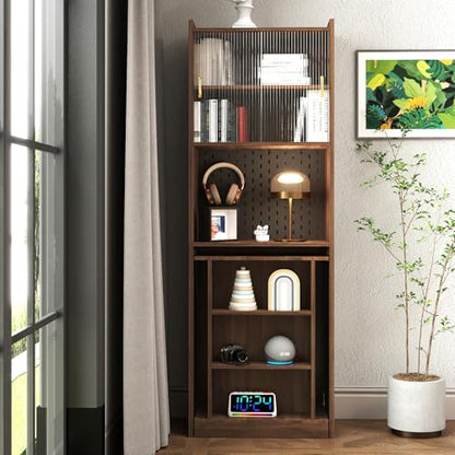 Fold Out Desk Folding Writing Table with Bookcase, Desk Cabinet Convertible Table with Open Shelves for Office Study Room or Small Space, Brown - color: Brwon