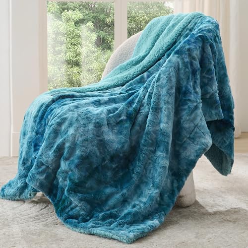 Bedsure GentleSoft Sherpa Fluffy Throw Blanket - Fleece Warm and Cozy Throw for Women Gift, Plush & Fuzzy Faux Fur Christmas Blanket for Couch, Sofa, Bed Decor, Tie Dye Design, Teal, 50x60 Inches - color: 05 - Teal, size: Throw (50" x 60")