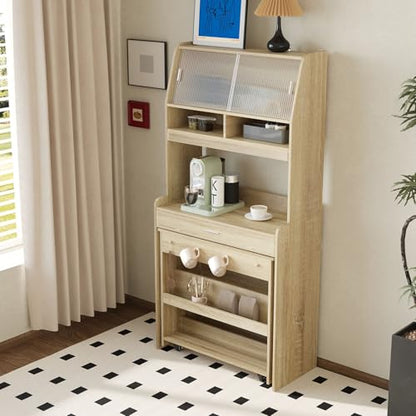 Wood Buffet Cabinet with Folding Dining Table, Craft Cabinet with Fold Out Table and Storage Shelf, Hooks, Multifunctional Cupboard for Small Places,Studio, Apartment (Natural) - color: Natural
