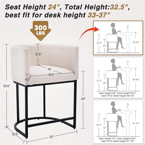 HNY Modern Counter Height Bar Stools Set of 2, 24" Linen Counter Stools with 8.5" Extra Tall Barrel Back, Black Tubular Frame, Deep Comfortable Seat Island Stools for Kitchen Counter, Home Bars, Cream - color: 24inch Cream,black Base