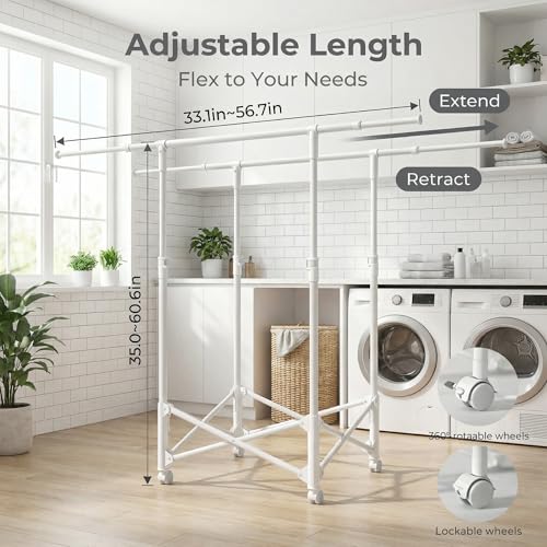 Clothes Drying Rack, Double Rod Extendable 33.1–56.7 Inches, No Assembly & Foldable Clothing Rack for Hanging Clothes with Wheels, for Indoor Outdoor Laundry Room Organization, White