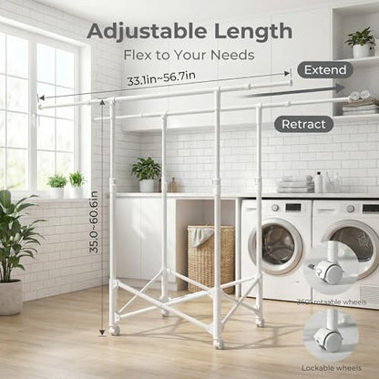 Clothes Drying Rack, Double Rod Extendable 33.1–56.7 Inches, No Assembly & Foldable Clothing Rack for Hanging Clothes with Wheels, for Indoor Outdoor Laundry Room Organization, White