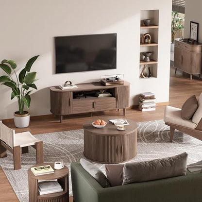 SULIVES Round Coffee Table with Lifting Top, Multifunctional Lift Top Drum Coffee Table with Sliding Door, Small Fluted Center Table for Living Room, Walnut - color: Walnut_round-lift-top