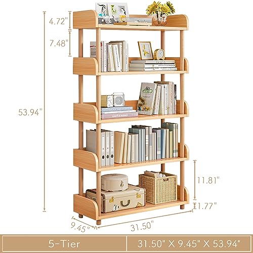 5-Tier Wooden Open Bookcase, Oak | Modern Display Bookshelf with Top Edge, Solid Wood Frame, Home and Office Storage - color: Oak, size: 5-tier