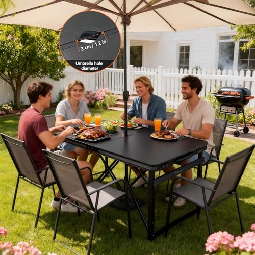 Folding Camping Table, Black Aluminum Frame,3-Position Adjustable Height,Lightweight Carry Handle, Portable for Travel, Camping Outdoor Use, 4FT x 2FT with Hole(Large), Black - size: 4 ft × 2 ft × 2.3 ft H, with Umbrella Hole