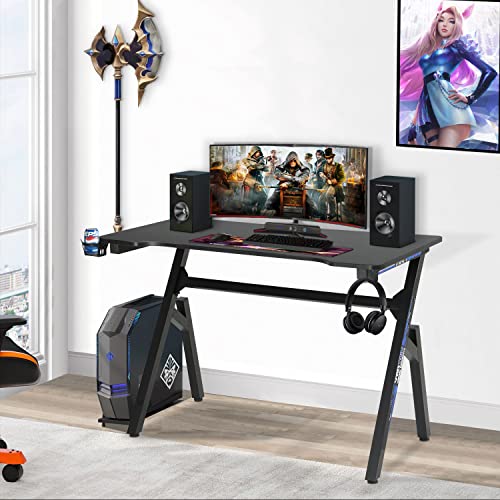 FDW Computer Desk Gaming Desk Student PC Desk Writing Desk Office Desk Modern Ergonomic Racing Style Table Workstation Carbon Fiber Headphone Hook (47in, Blue) - color: Blue, size: 47 In R Shaped