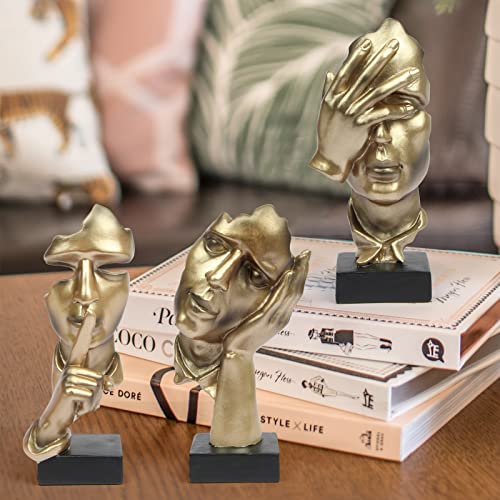 prosfalt 3 Pcs Thinker Statue, Silence is Gold Abstract Art Figurine, No Hear No See No Speak Modern Home Resin Sculptures Decorative Objects Decor for Home Office Bookshelf Desktop(Gold), A-41 - color: 3 Pcs Gold