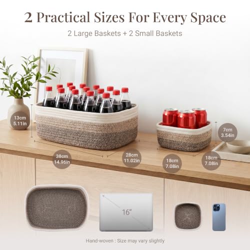 4-Pack Large Woven Rope Storage Baskets, 2 Sizes Organizer Bins | Fabric Cube Boxes and Rectangular Shallow Bins for Closet, Shelf, Bookshelf, Nursery, Changing Table, Bathroom, Toys & Home - color: gradient brown, size: 2pcs-14.96*11.02*5.11'' & 2pcs-7.0
