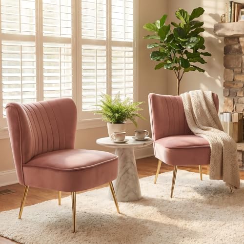 DUOMAY Modern Accent Chair Set of 2 Velvet Slipper Chair with Gold Legs Wingback Side Chair for Living Room Bedroom Entryway Small Corner Chair for Space Saving, Blush Pink - color: Pink