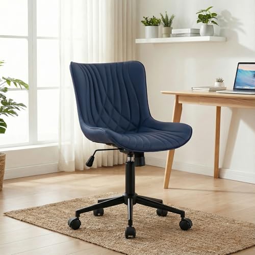 YOUTASTE Navy Blue Office Chair, Faux Leather Armless Desk Chair with Wheels, Height Adjustable, Swivel, Rocking, 300 lbs Capacity, Metal Base, for Home Office Vanity, Purple - color: Navy Blue