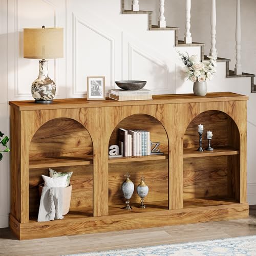 Tribesigns Console Table with Storage, 63" Long Arched Entryway Table | 3 Tier Wooden Farmhouse Sofa Table Behind The Couch for Entrance, Hallway, Foyer, Living Room, Natural Wood - color: Natural Wood