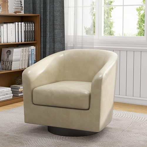 Swivel Accent Chair, PU Leather Upholstered Barrel Club Chair, Cream | Modern Round Armchair | Comfy Reading Seat with Removable Cushion | For Living Room, Bedroom, Office - color: Cream