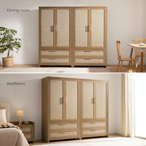 SICOTAS Rattan Armoire Wardrobe Closet : 71 inch Wardrobe with Drawers | Farmhouse Boho Storage Cabinet with Hanging Rod, Large-Capacity Deep Armoire Clothes Organizer for Bedroom, Cloak Room