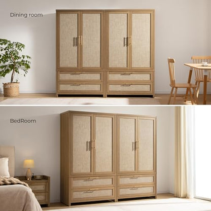 SICOTAS Rattan Armoire Wardrobe Closet : 71 inch Wardrobe with Drawers | Farmhouse Boho Storage Cabinet with Hanging Rod, Large-Capacity Deep Armoire Clothes Organizer for Bedroom, Cloak Room