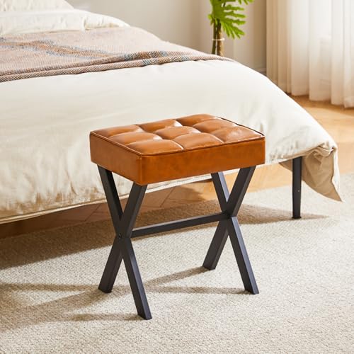 IBUYKE Square Makeup Stool with X-Leg, PU Vanity Chair, Light Brown LG-71J | Footrest Ottoman Seat Multi-Use Small Side Table Bedroom Living Room - color: Light Brown, size: 17.72"-Leather
