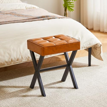 IBUYKE Square Makeup Stool with X-Leg, PU Vanity Chair, Light Brown LG-71J | Footrest Ottoman Seat Multi-Use Small Side Table Bedroom Living Room - color: Light Brown, size: 17.72"-Leather