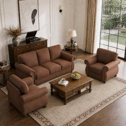 88" W Living Room Furniture Sets, 3-Seater&2 Single, Caramel Rust | Faux Leather Fabric Sofa and Couch Sets, Mid-Century 3-Seater Sofa Set with Nailhead Trim - color: Caramel Rust, size: L-5 seat