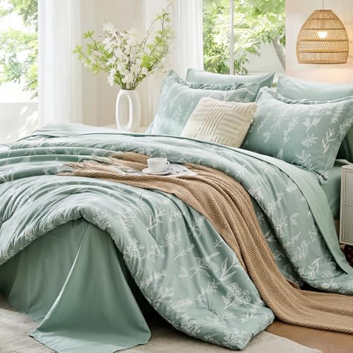 Twin Comforter Set, Sage Green Elegant Floral Print Bed in a Bag 5 Pieces, Ultra Soft & Breathable Reversible Botanical Pattern Bedding Set with Comforter, Sheets, Pillowcases, and Shams - color: 01 - Sage Green Leaves, size: Twin(68"x 88")