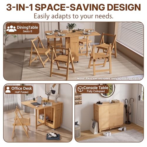 Folding Dining Table with Chairs, Bamboo Drop Leaf Foldable Tables for Small Spaces,Extendable Collapsible Dinette Table with Drawers and Wheels for Living Room Kitchen Apartment,No Assembly (Wood）