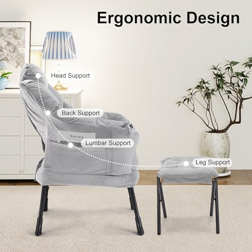 Lazy Chair with Ottoman, Modern Accent Lounge Chair with Side Pocket and Armrests, Cozy Reading Armchair with Footrest, Upholstered Sofa Chair for Small Spaces, Bedroom Living Room, Grey - color: Grey