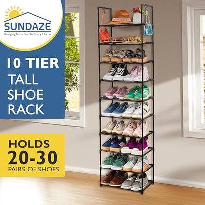 Sundaze Shoe Rack - 10 Tier Tall Shoe Rack for Closet, Sturdy Stackable Shoe Organizer for Closet, Bedroom, Entryway, Garage, Non Woven Fabric Shelf, Black, Holds 20-30 Pairs - size: 10 Tier (18.3" W)
