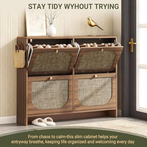 Freestanding Ultra Slim Fluted Accent Shoe Storage Cabinet for Entryway - 4 Flip Drawers & 3-Tier Adjustable Shelves, Farmhouse Modern Rustic Shoe Rack for Hallway, Foyer, Living Room - color: Smoked Oak