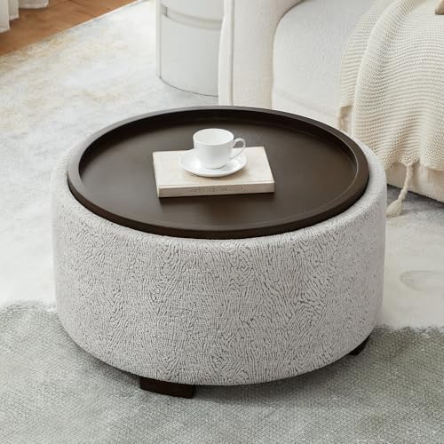 Zihanhome 30 Inch Round Storage Ottoman, Ottoman Coffee Table with Lift Off Lid, Boucle Modern Ottomans with Storage for Living Room, Bedroom, Apartments (White and Gray Striped) - color: White and Gray Striped