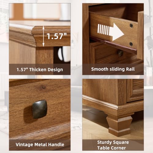 Farmhouse Nightstand with Charging Station, Brown | End Tables Bedroom with 2 Drawers, Traditional Night Stand with Open Shelf & Thickened Top & Square Wooden Legs - color: Brown, size: 18"D x 18"W x 25"H (2 Drawers)
