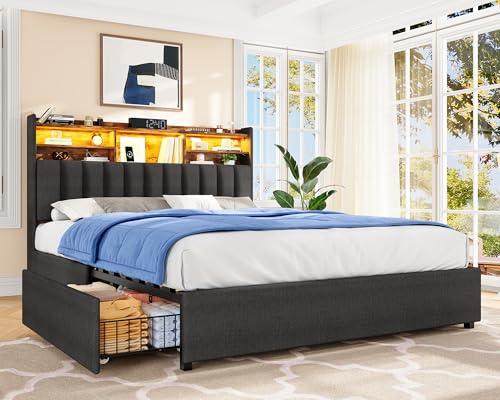 Queen Bed Frame with Headboard and 4 Drawers Storage, Bed Frame Queen Size Built in LED Lights and Charging Station, Sturdy & Noise-Free Upholstered Platform Metal Support Bed, Dark Grey