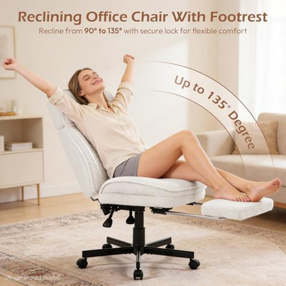 Criss Cross Chair with Wheels - Home Office Desk Chairs with Foot Rest, Morden Comfy Swivel Makeup Chair for Vanity, Ergonomic Cross Legged Office Chair with High Back & Wide Seat, White - color: White