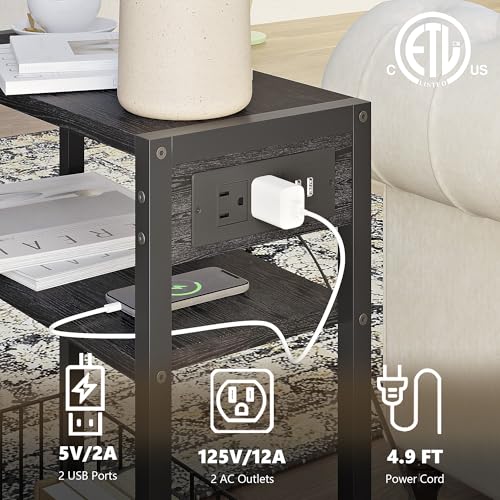TRIFEBLE Narrow Side Table with Charging Station, Small End Table for Small Spaces, Slim Nightstand with Storage Basket, 3 Tier Skinny Bedside Table for Living Room, Bedroom, Black - color: Black