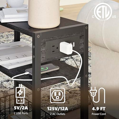 TRIFEBLE Narrow Side Table with Charging Station, Small End Table for Small Spaces, Slim Nightstand with Storage Basket, 3 Tier Skinny Bedside Table for Living Room, Bedroom, Black - color: Black