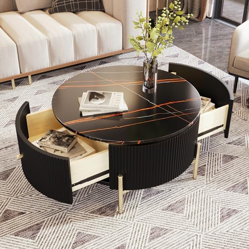 31.5" Round Coffee Table with Storage, Modern Round Coffee Table with 2 Drawers Storage Accent Table Round Black End Table for Living Room,Black - color: Black, size: 31.5"x31.5"x16.9"