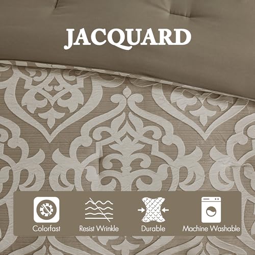 Madison Park Odette Cozy Comforter Set Jacquard Damask Medallion Design - Modern All Season, Down Alternative Bedding, Shams, Decorative Pillows, Cal King(104 in x 92 in), Tan 8 Piece | All Season Down Alternative Bedding with Comforter, Shams, Bed Skirt,