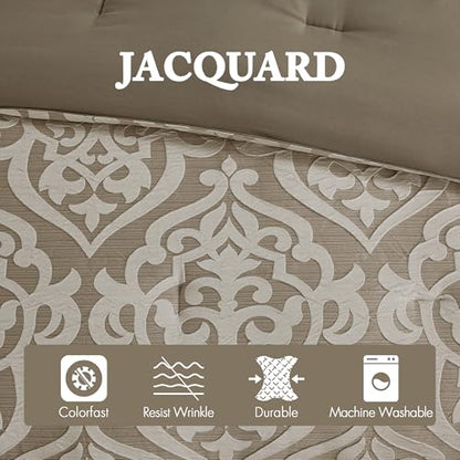 Madison Park Odette Cozy Comforter Set Jacquard Damask Medallion Design - Modern All Season, Down Alternative Bedding, Shams, Decorative Pillows, Cal King(104 in x 92 in), Tan 8 Piece | All Season Down Alternative Bedding with Comforter, Shams, Bed Skirt,