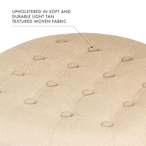 HomePop 19" Button Tufted Round Storage Ottoman - Light Tan Textured Solid - color: Light Tan Textured Solid