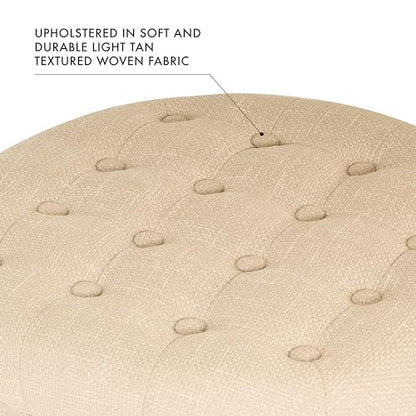 HomePop 19" Button Tufted Round Storage Ottoman - Light Tan Textured Solid - color: Light Tan Textured Solid
