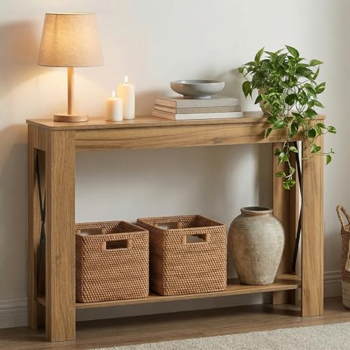 Farmhouse Console Table, 39.4'' Small Narrow Entryway Table, Wood Couch Table Behind Sofa with Storage Shelf, Slim Farmhouse Hallway Table for Living Room, Hallway, Foyer, Light Walnut CT34VV - color: Light Walnut