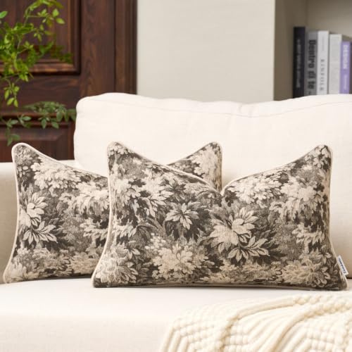 FANAMI Vintage Floral Lumbar Throw Pillow Covers 12x20 Set of 2 Boho Farmhouse Accent Pillowcase Neutral Modern Chenille Rectangle Decorative Cushion Covers for Couch Bed Living Room Home Decor, Grey - color: Grey, size: 20" x 12" (Pack of 2)