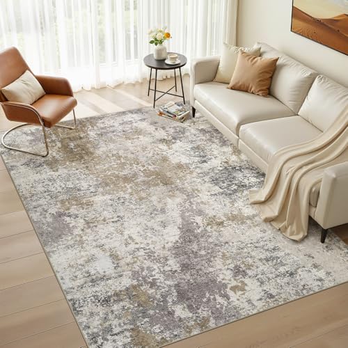 Nakagishi 5X7 Abstract Washable Area Rugs for Living Room-Brown Grey | Modern Non-Slip Silicone Backing Low Pile Soft Carpet for Bedroom Dining Decor for Families with Kids and Pets - color: Dark Brown, size: 5' x 7' (Rectangular)