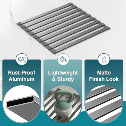 COOL-ANGLE Aluminum Roll Up Dish Drying Rack, 17.7x13.4 Inches, Matte Gray | Rust proof aviation aluminum, Heat resistant trivet up to 400F, Fits sinks up to 16.8 inches, Foldable for compact RV storage - size: Rectangle 17.7'' x 13.4''
