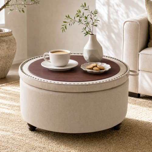30" Round Storage Ottoman Coffee Table, Tufted Lid & Wood Top, Khaki | Nailhead Trim Solid Wood Legs Extra Large Footrest Linen-Like Fabric - color: Khaki