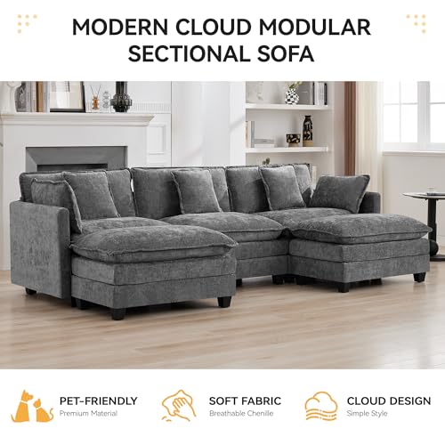 111'' Sectional Cloud Deep Seat Couch, Oversized Chenille U Shaped Sectional Sofa for Living Room Set, Comfy Upholstered Modular 3-Seats Sectional Sofa Couch with 2 Movable Ottoman, Grey - color: Grey, size: 111'' U Shape