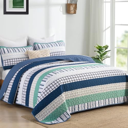 DJY Striped Queen Size Quilt Set, Navy Blue Green Boho Bedspread Coverlet Set with 2 Pillowcases, 3 Pieces Soft Lightweight Microfiber Patchwork Quilt Bedding Set for All Season (96"x90") - color: Navy Blue Green, size: Queen
