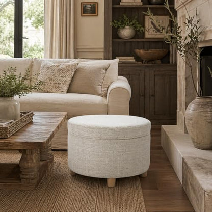 HomePop 24" Large Round Storage Ottoman - Cream Chevron Woven - color: Cream Chevron Woven