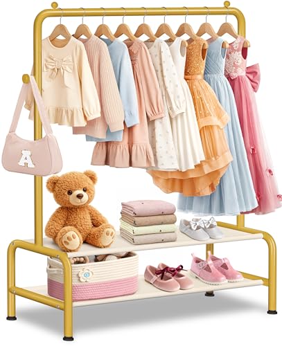 Kids Gold Clothing Rack - Dress Up Clothes Rack - Baby Toddler Closet - Freestanding Coat Racks with 2 Fabric Shelves - Small Kids Costume Wardrobe - Garment Rack for Hanging Clothes Organizer - color: Gold