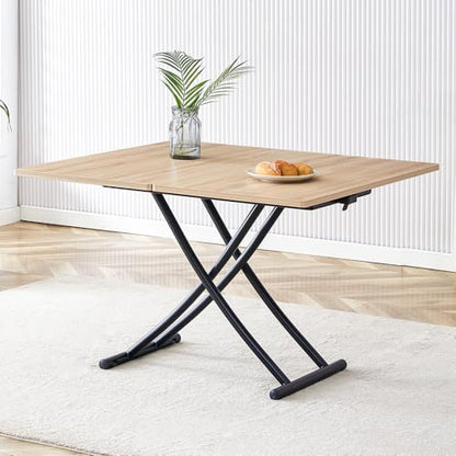 Adjustable Height Coffee Table, 4-in-1 Folding Dining Table, Oak | Convertible lift top table for use as a coffee table, dining table, home office desk or vanity - color: Oak & Black Legs